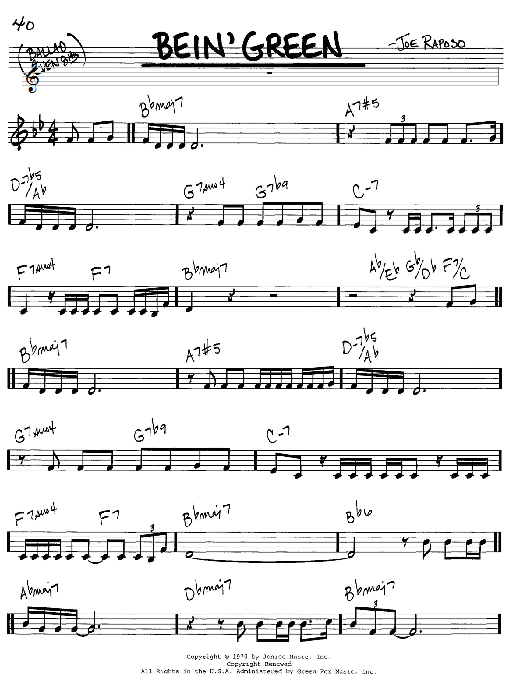 Preview Frank Sinatra Bein' Green Jazz sheet music, notes and chords for Real Book - Melody & Chords - C Instruments, SKU: 60532 Bein' Green sheet music