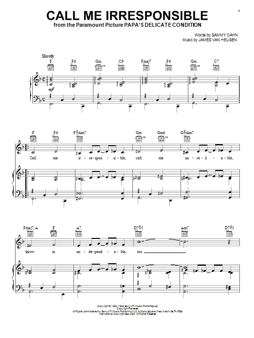 Preview Frank Sinatra Call Me Irresponsible Jazz sheet music, notes and chords for Real Book - Melody, Lyrics & Chords - C Instruments, SKU: 60855 Call Me Irresponsible sheet music