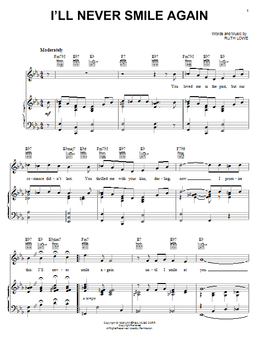 Preview Frank Sinatra I'll Never Smile Again Jazz sheet music, notes and chords for Piano, Vocal & Guitar (Right-Hand Melody), SKU: 13791 I'll Never Smile Again sheet music