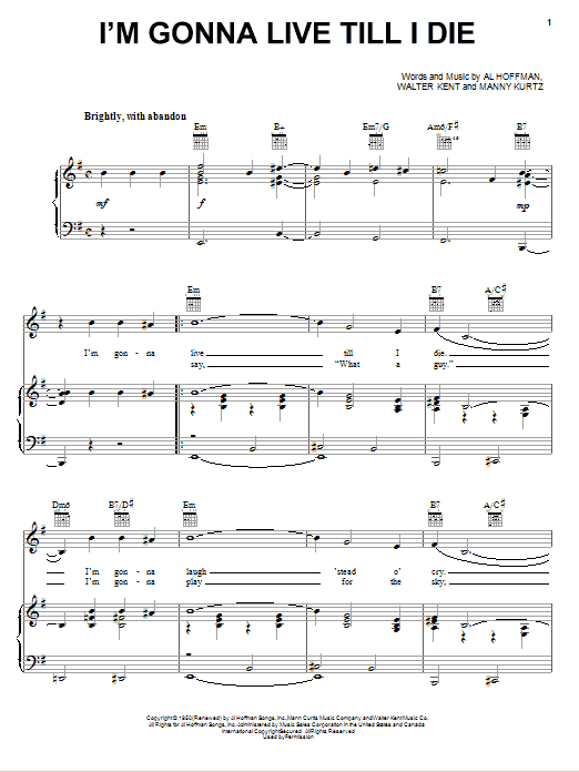 Preview Frank Sinatra I'm Gonna Live Till I Die Jazz sheet music, notes and chords for Piano, Vocal & Guitar (Right-Hand Melody), SKU: 13794 sheet music, piano notes, chords, guitar tabs, score, transpose, transcribe, how to play, guide, download, learn, tutorial, progression, song, artist, awards, billboard, mtv, vh1, tour, single, album, release