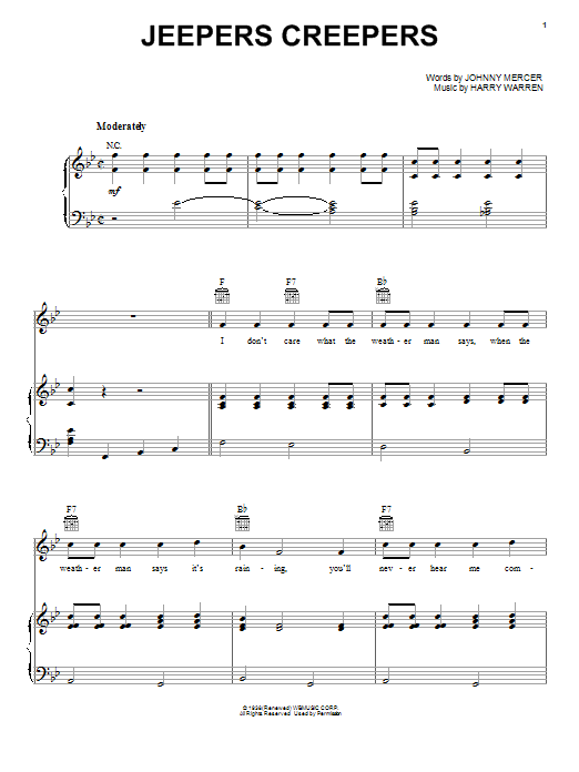 Preview Frank Sinatra Jeepers Creepers Pop sheet music, notes and chords for Piano, Vocal & Guitar (Right-Hand Melody), SKU: 91912 Jeepers Creepers sheet music