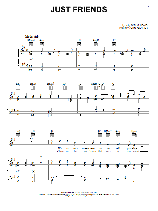 Preview Frank Sinatra Just Friends Broadway sheet music, notes and chords for Piano, Vocal & Guitar (Right-Hand Melody), SKU: 77035 Just Friends sheet music