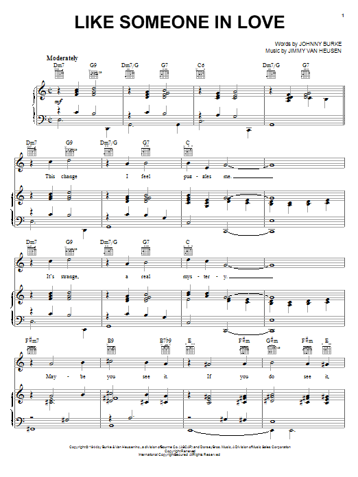 Preview Frank Sinatra Like Someone In Love Folk sheet music, notes and chords for Piano, Vocal & Guitar (Right-Hand Melody), SKU: 93580 Like Someone In Love sheet music