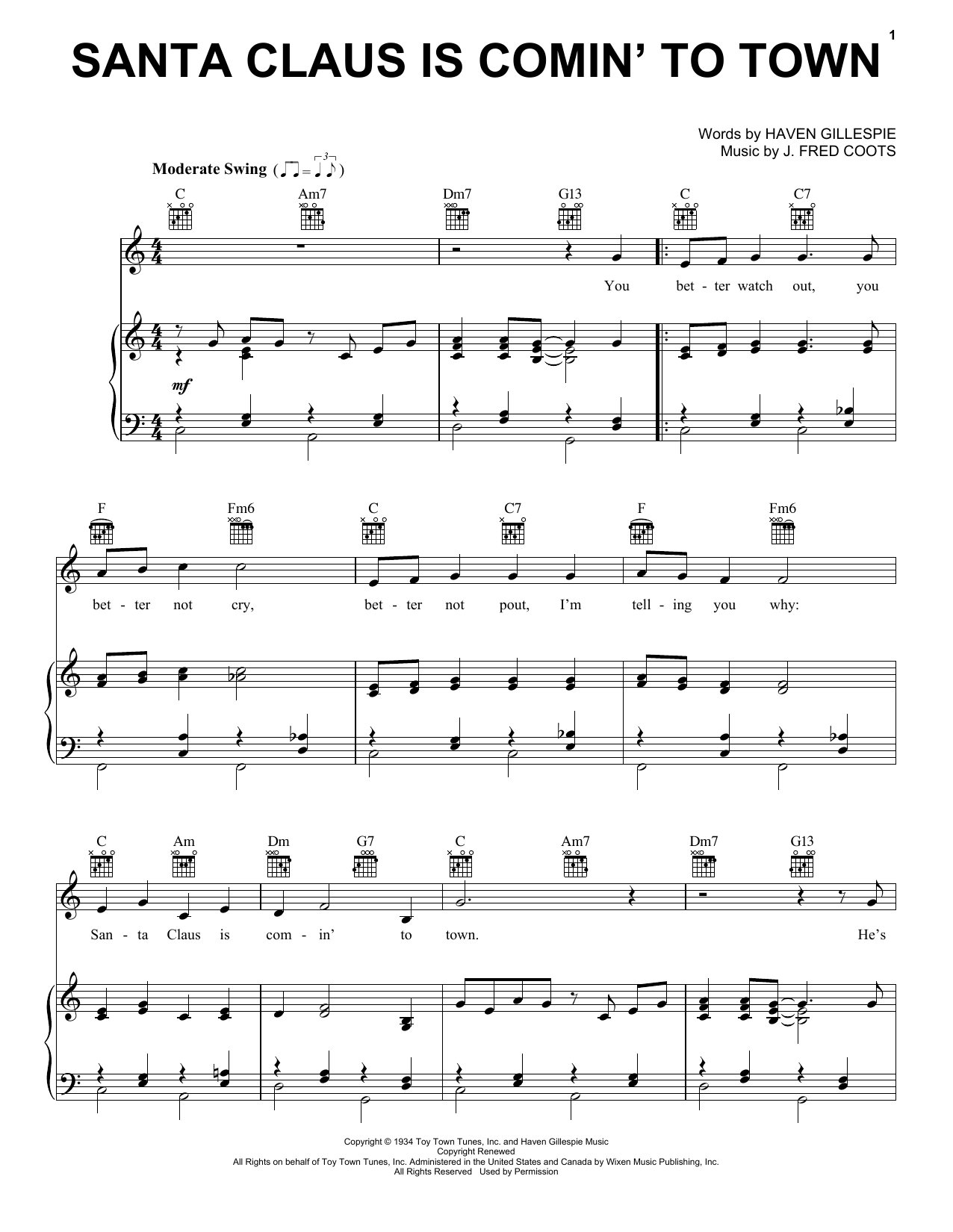 Preview Frank Sinatra Santa Claus Is Comin' To Town Folk sheet music, notes and chords for Piano, Vocal & Guitar (Right-Hand Melody), SKU: 23444 sheet music, piano notes, chords, guitar tabs, score, transpose, transcribe, how to play, guide, download, learn, tutorial, progression, song, artist, awards, billboard, mtv, vh1, tour, single, album, release