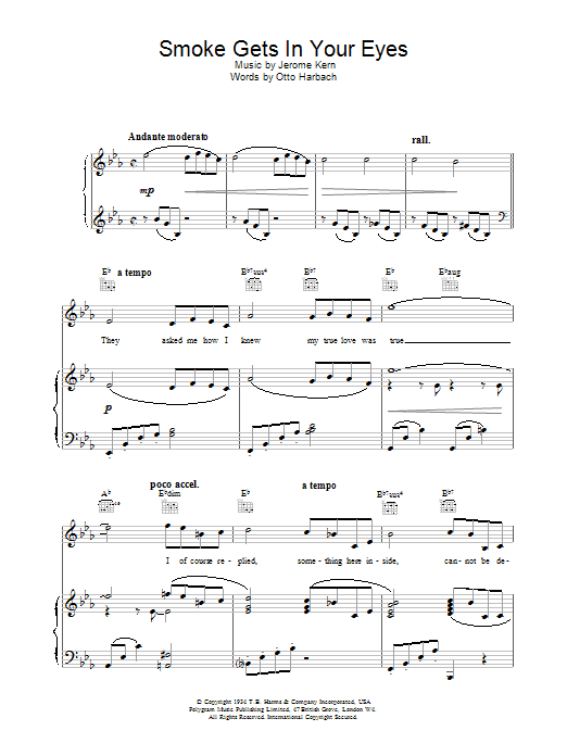 Preview Frank Sinatra Smoke Gets In Your Eyes (from Roberta) Jazz sheet music, notes and chords for Piano, Vocal & Guitar (Right-Hand Melody), SKU: 13723 Smoke Gets In Your Eyes (from Roberta) sheet music