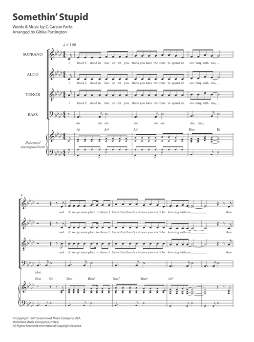 Preview Frank Sinatra Somethin' Stupid (arr. Gitika Partington) Classics sheet music, notes and chords for SATB, SKU: 124493 Somethin' Stupid (arr. Gitika Partington) sheet music