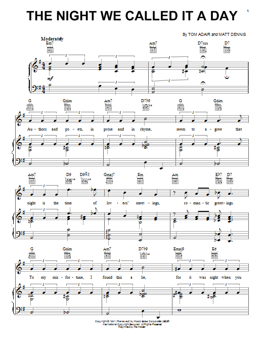 Preview Frank Sinatra The Night We Called It A Day Jazz sheet music, notes and chords for Piano, Vocal & Guitar (Right-Hand Melody), SKU: 104196 The Night We Called It A Day sheet music