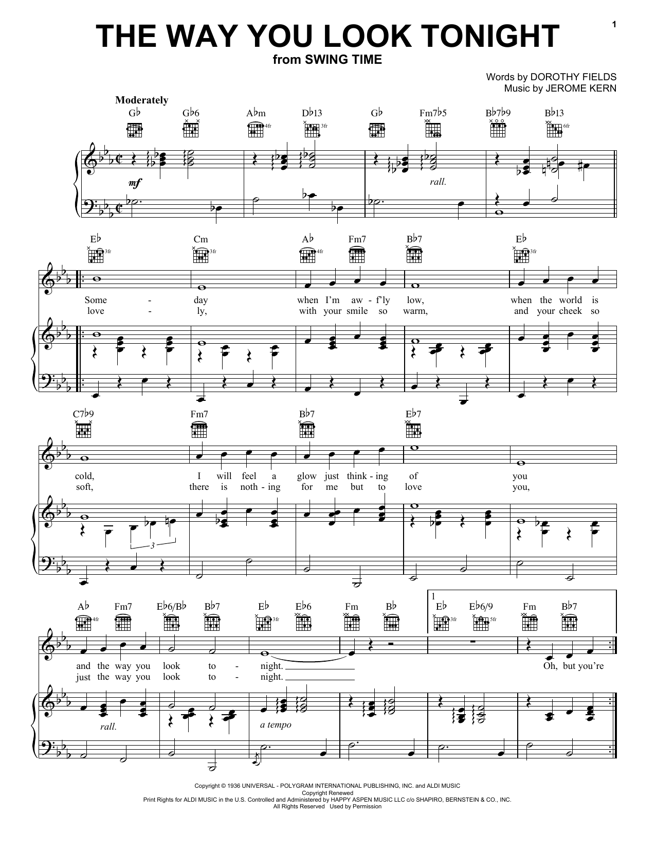 Preview Frank Sinatra The Way You Look Tonight Folk sheet music, notes and chords for Piano, Vocal & Guitar (Right-Hand Melody), SKU: 25269 The Way You Look Tonight sheet music