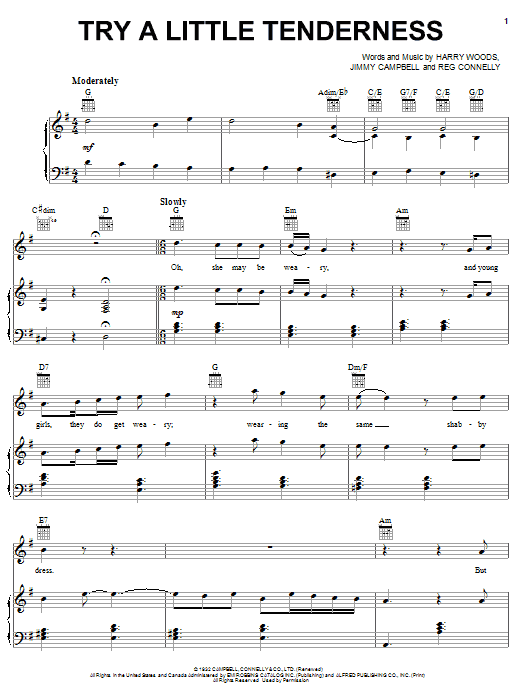 Preview Frank Sinatra Try A Little Tenderness Pop sheet music, notes and chords for Piano, Vocal & Guitar (Right-Hand Melody), SKU: 23842 sheet music, piano notes, chords, guitar tabs, score, transpose, transcribe, how to play, guide, download, learn, tutorial, progression, song, artist, awards, billboard, mtv, vh1, tour, single, album, release