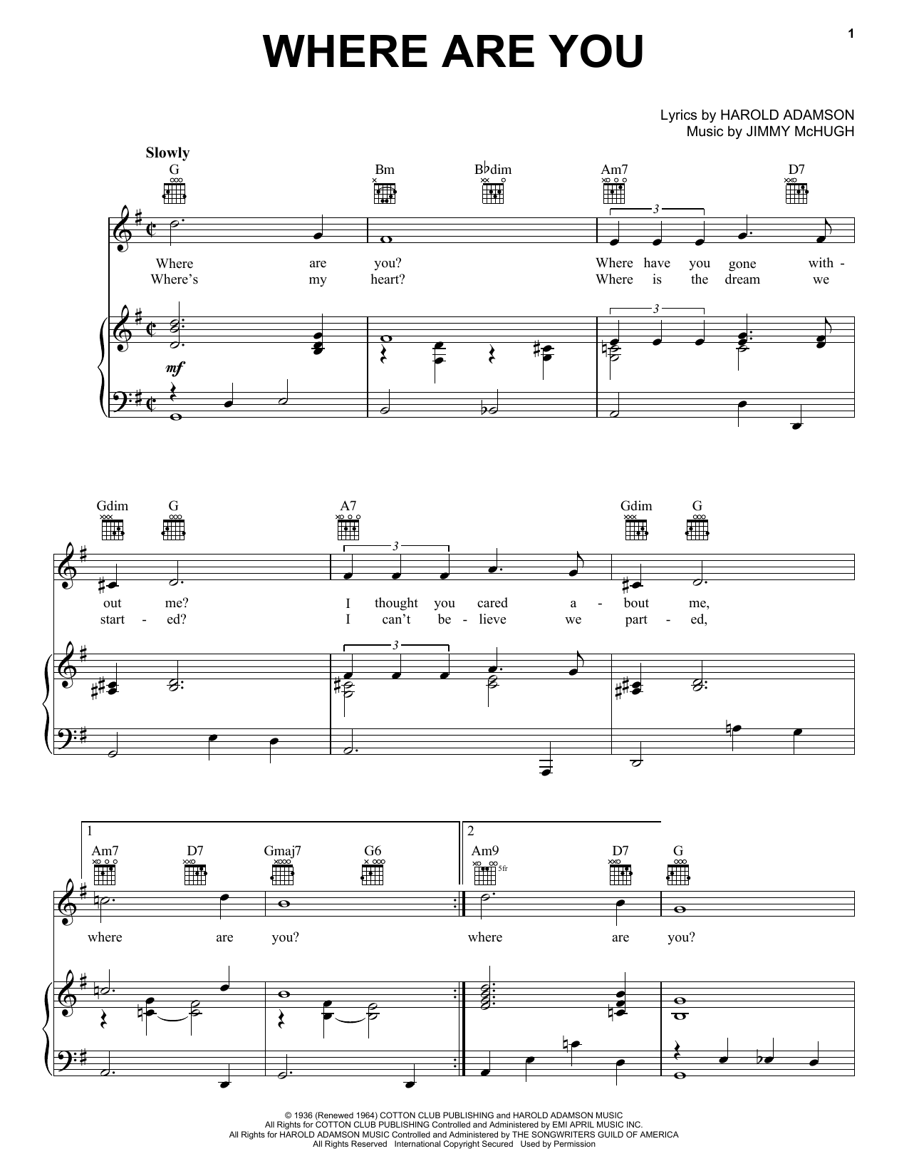 Preview Frank Sinatra Where Are You Jazz sheet music, notes and chords for Piano, Vocal & Guitar (Right-Hand Melody), SKU: 72574 Where Are You sheet music