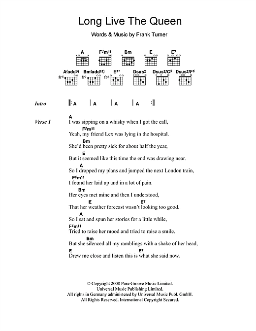 Frank Turner Long Live The Queen Sheet Music Notes & Chords for Lyrics & Chords - Download or Print PDF