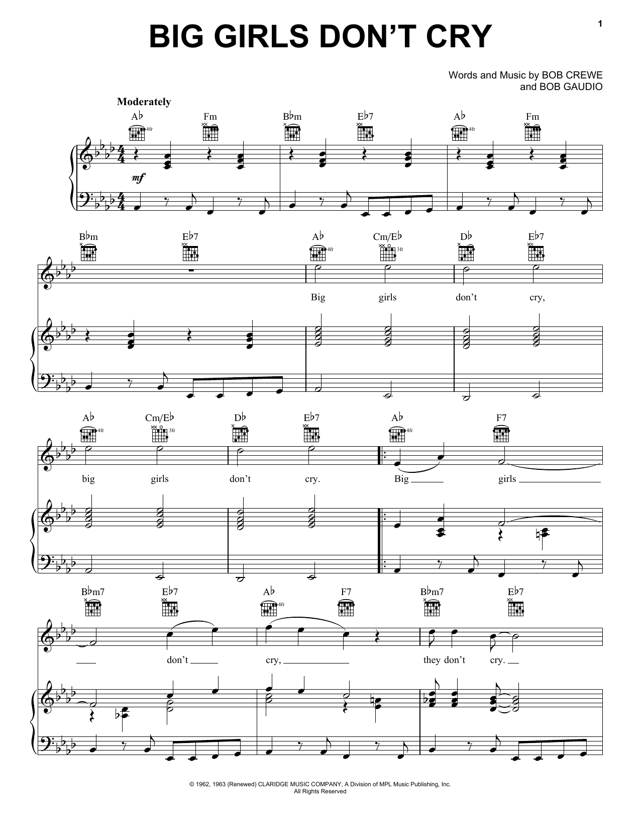 Frankie Valli & The Four Seasons Big Girls Don't Cry Sheet Music Notes & Chords for Lyrics & Chords - Download or Print PDF