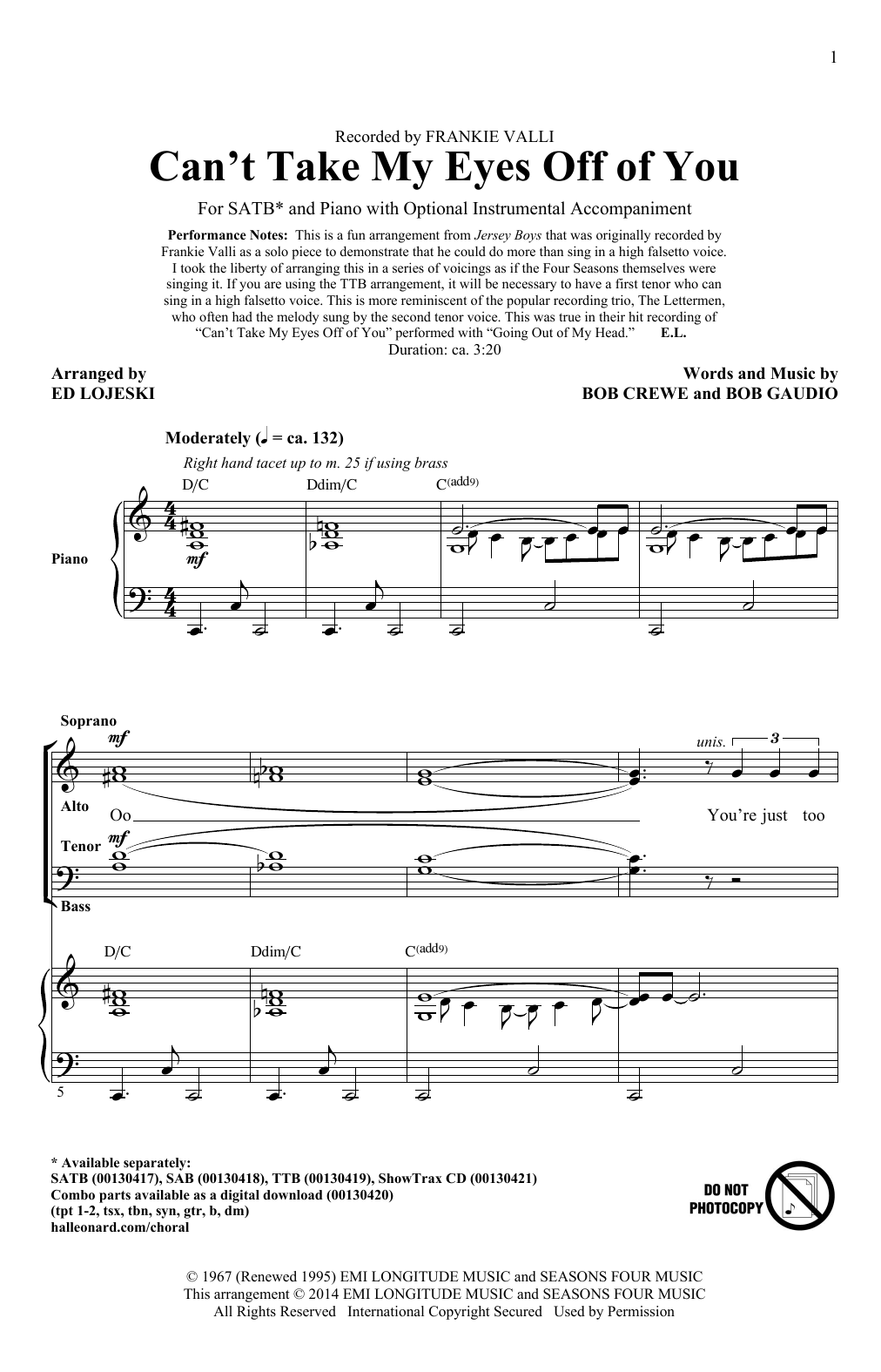 Frankie Valli & The Four Seasons Can't Take My Eyes Off Of You (from Jersey Boys) (arr. Ed Lojeski) Sheet Music Notes & Chords for SAB - Download or Print PDF