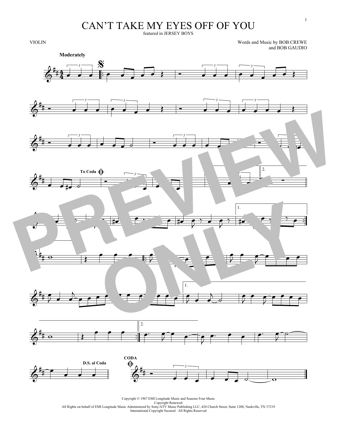 Frankie Valli & The Four Seasons Can't Take My Eyes Off Of You (from Jersey Boys) Sheet Music Notes & Chords for Piano, Vocal & Guitar (Right-Hand Melody) - Download or Print PDF