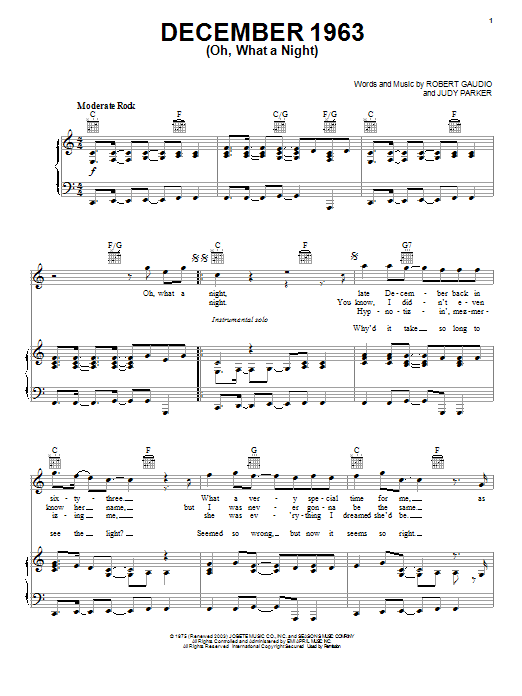Frankie Valli & The Four Seasons December 1963 (Oh, What A Night) Sheet Music Notes & Chords for Piano, Vocal & Guitar (Right-Hand Melody) - Download or Print PDF