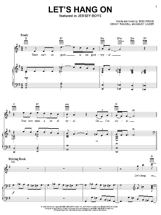 Frankie Valli & The Four Seasons Let's Hang On Sheet Music Notes & Chords for Piano, Vocal & Guitar (Right-Hand Melody) - Download or Print PDF