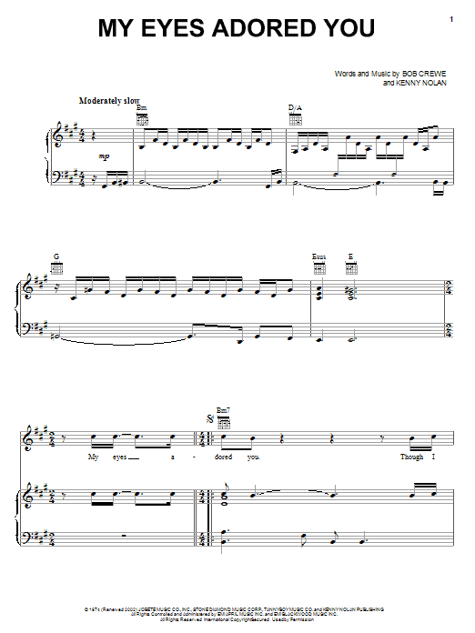 Frankie Valli & The Four Seasons My Eyes Adored You Sheet Music Notes & Chords for Piano, Vocal & Guitar (Right-Hand Melody) - Download or Print PDF