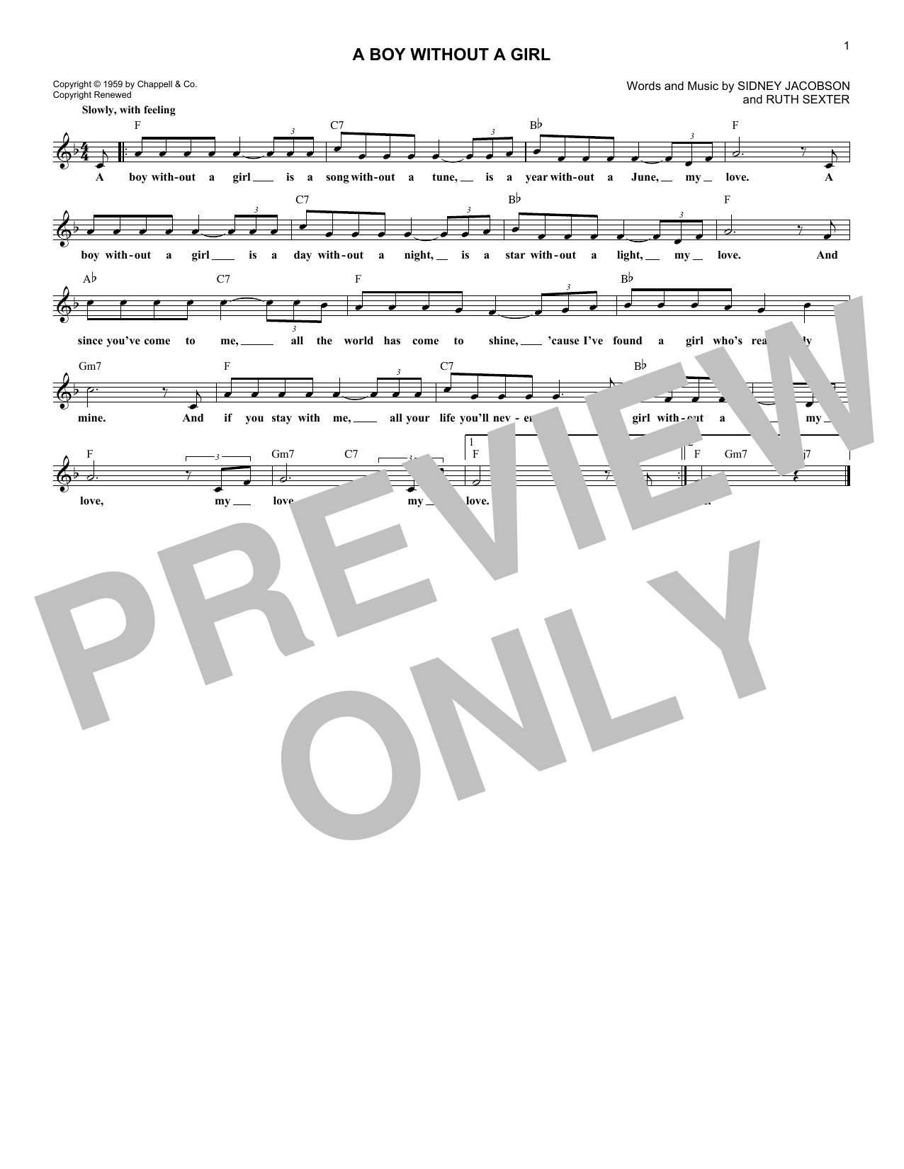 Frankie Avalon A Boy Without A Girl Sheet Music Notes & Chords for Melody Line, Lyrics & Chords - Download or Print PDF