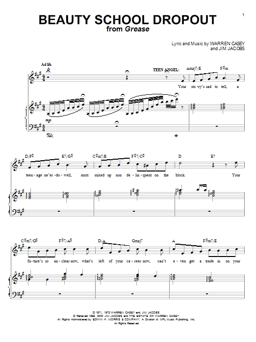 Frankie Avalon Beauty School Dropout Sheet Music Notes & Chords for Piano, Vocal & Guitar (Right-Hand Melody) - Download or Print PDF