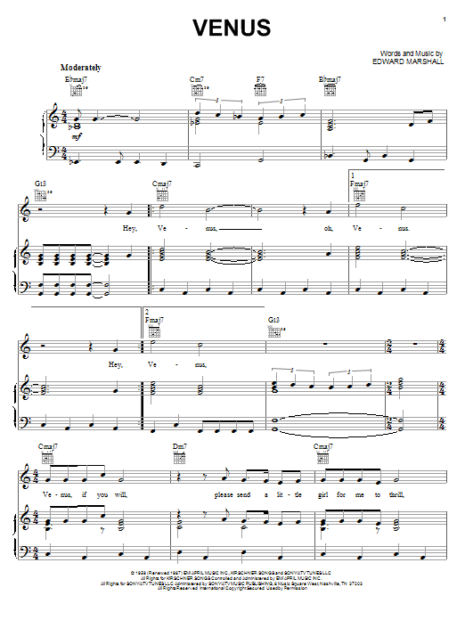 Frankie Avalon Venus Sheet Music Notes & Chords for Lyrics & Chords - Download or Print PDF