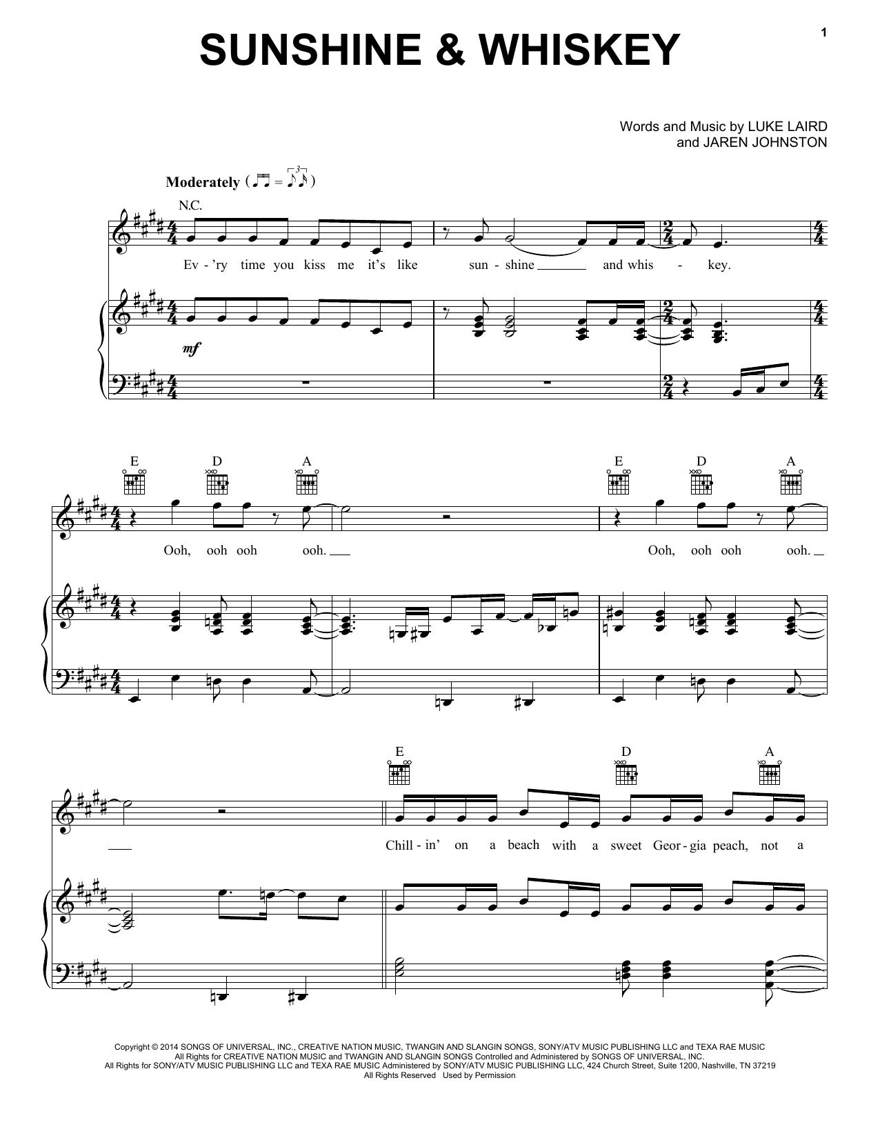 Frankie Ballard Sunshine & Whiskey Sheet Music Notes & Chords for Piano, Vocal & Guitar (Right-Hand Melody) - Download or Print PDF