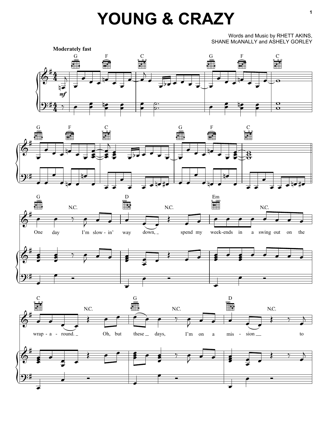 Frankie Ballard Young & Crazy Sheet Music Notes & Chords for Piano, Vocal & Guitar (Right-Hand Melody) - Download or Print PDF