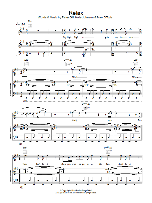 Frankie Goes To Hollywood Relax Sheet Music Notes & Chords for Piano, Vocal & Guitar - Download or Print PDF