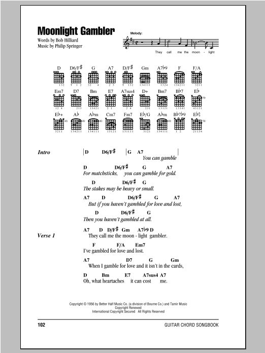 Frankie Laine Moonlight Gambler Sheet Music Notes & Chords for Lyrics & Chords - Download or Print PDF