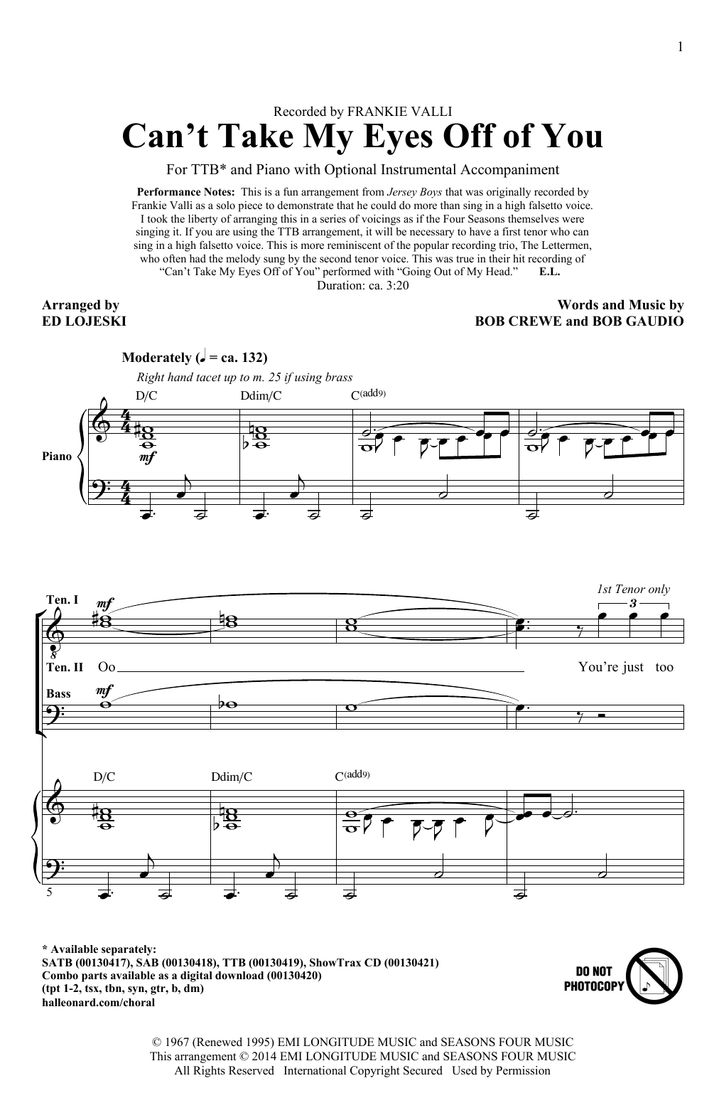 Frankie Valli & The Four Seasons Can't Take My Eyes Off Of You (from Jersey Boys) (arr. Ed Lojeski) Sheet Music Notes & Chords for TTBB - Download or Print PDF
