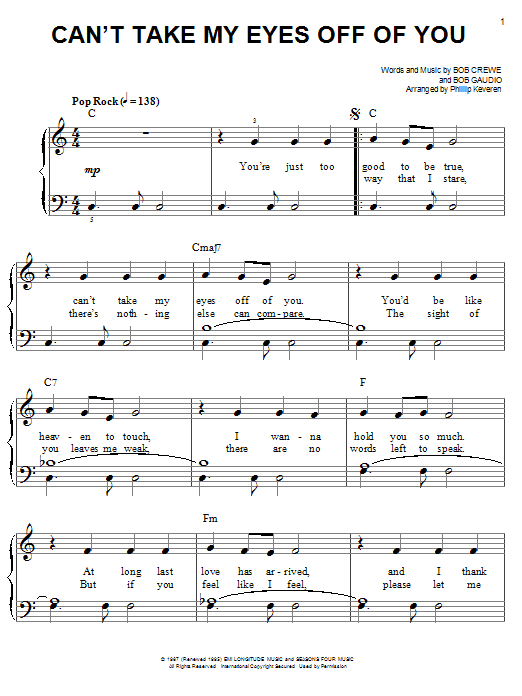 Frankie Valli & The Four Seasons Can't Take My Eyes Off Of You (from Jersey Boys) (arr. Phillip Keveren) Sheet Music Notes & Chords for Easy Piano - Download or Print PDF