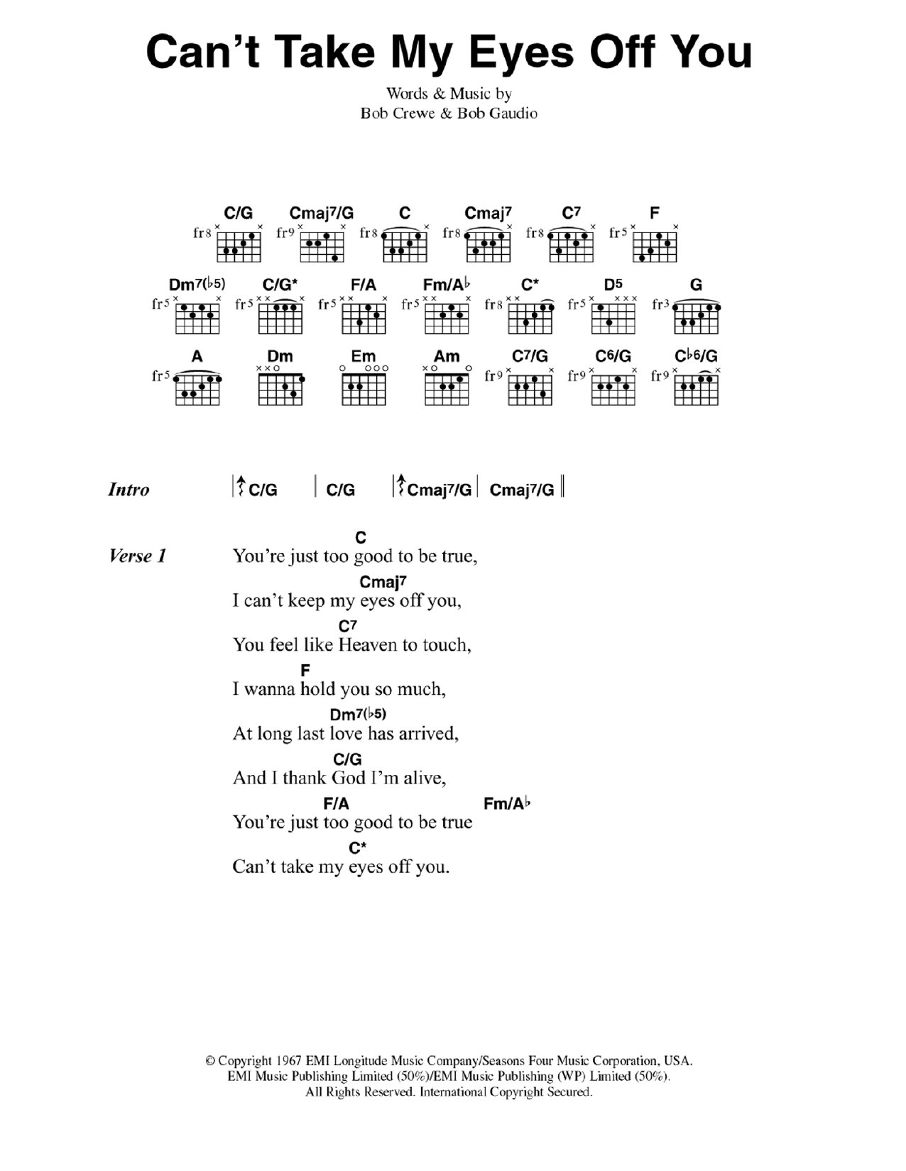 Frankie Valli & The Four Seasons Can't Take My Eyes Off You Sheet Music Notes & Chords for Guitar Chords/Lyrics - Download or Print PDF