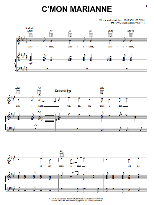 Frankie Valli & The Four Seasons C'mon Marianne Sheet Music Notes & Chords for Piano, Vocal & Guitar (Right-Hand Melody) - Download or Print PDF