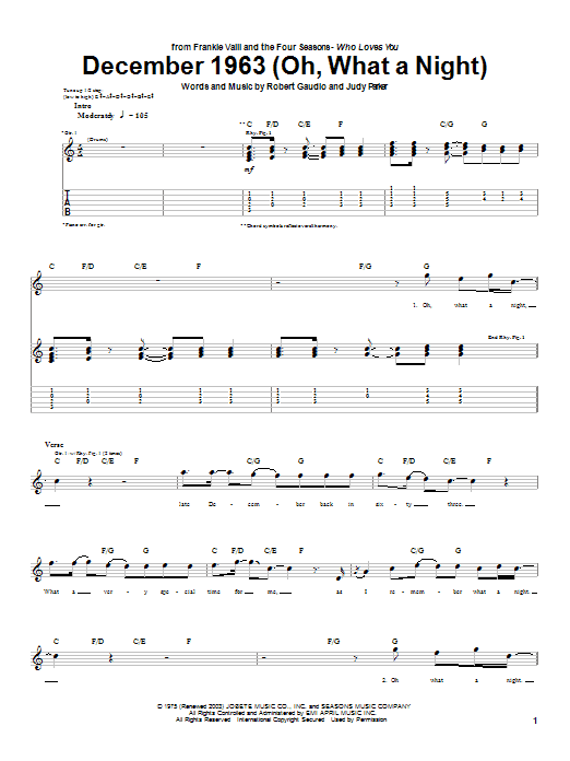 Frankie Valli & The Four Seasons December 1963 (Oh, What A Night) Sheet Music Notes & Chords for Guitar Tab - Download or Print PDF