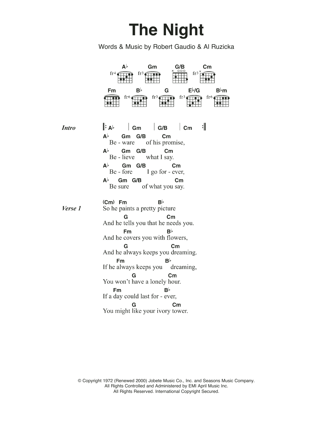 Frankie Valli & The Four Seasons The Night Sheet Music Notes & Chords for Lyrics & Chords - Download or Print PDF