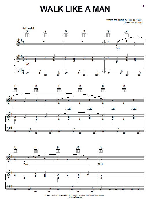 Frankie Valli & The Four Seasons Walk Like A Man Sheet Music Notes & Chords for Piano, Vocal & Guitar (Right-Hand Melody) - Download or Print PDF Frankie Valli & The Four Seasons Walk Like A Man Sheet Music Notes & Chords for Piano, Vocal & Guitar (Right-Hand Melody) - Download or Print PDF
