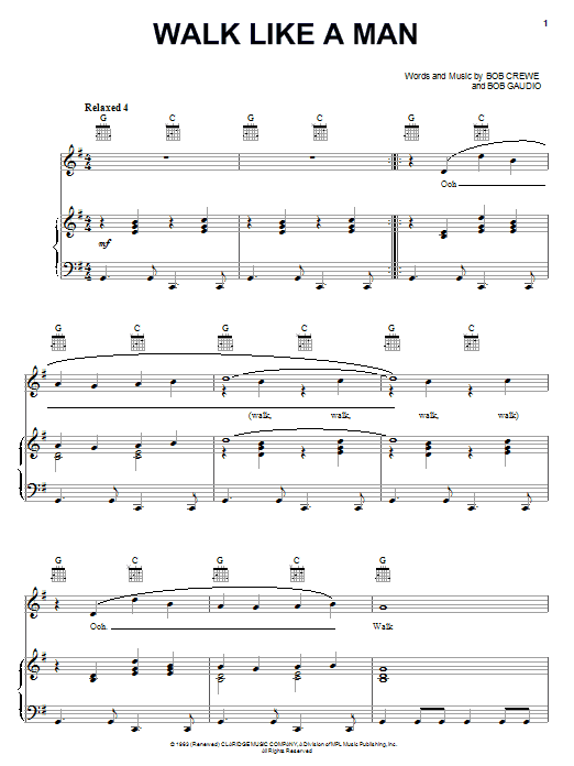 Frankie Valli & The Four Seasons Walk Like A Man Sheet Music Notes & Chords for Piano, Vocal & Guitar (Right-Hand Melody) - Download or Print PDF