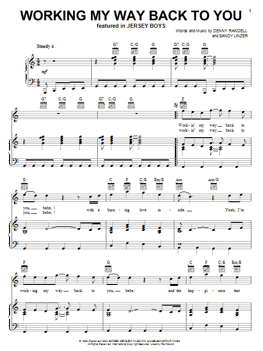 Frankie Valli & The Four Seasons Working My Way Back To You Sheet Music Notes & Chords for Piano, Vocal & Guitar (Right-Hand Melody) - Download or Print PDF