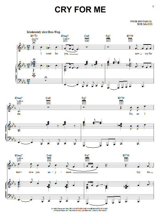 Frankie Valli Cry For Me Sheet Music Notes & Chords for Piano, Vocal & Guitar (Right-Hand Melody) - Download or Print PDF