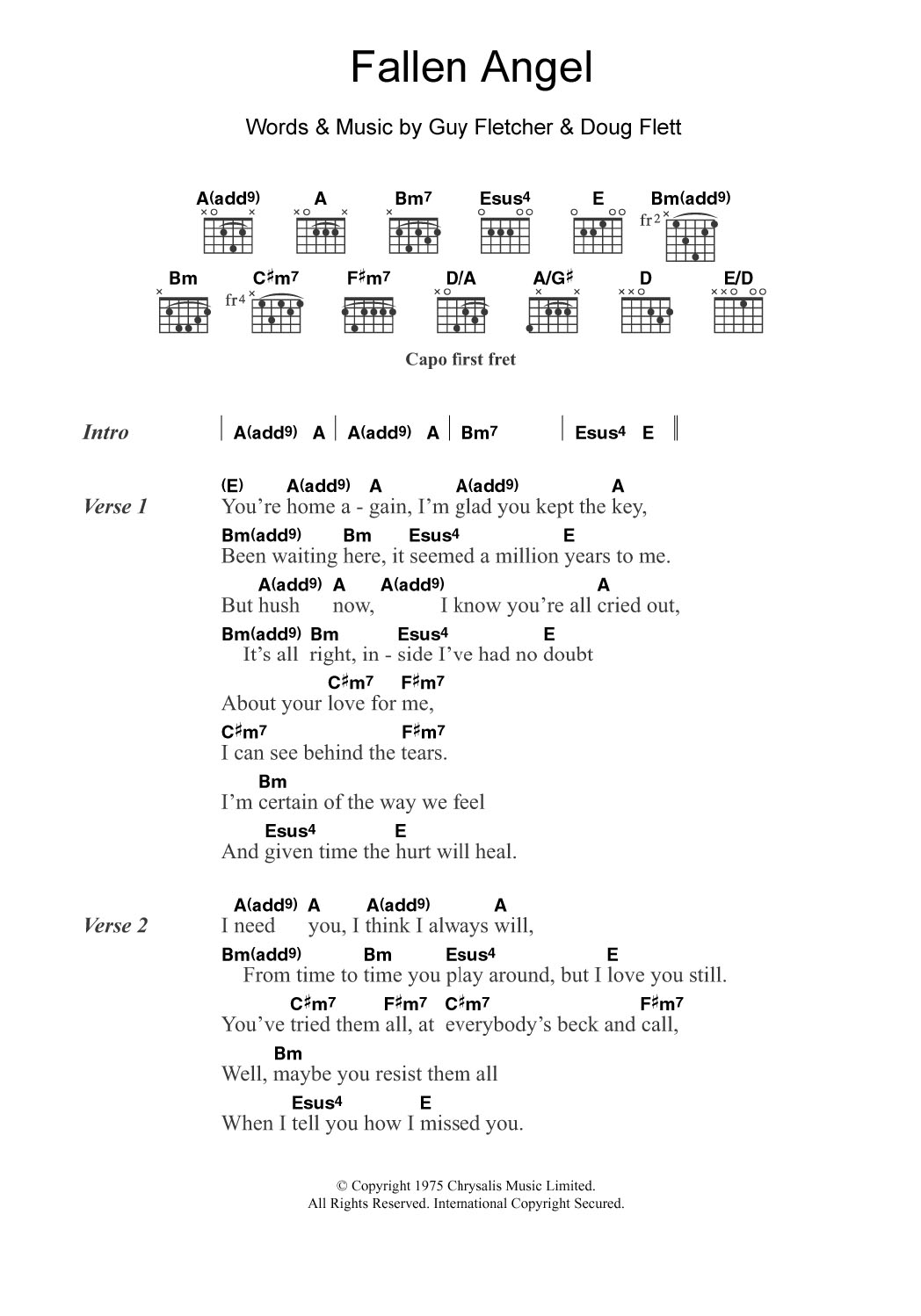 Frankie Valli Fallen Angel Sheet Music Notes & Chords for Guitar Chords/Lyrics - Download or Print PDF