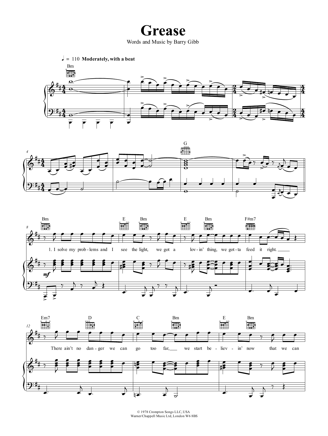Frankie Valli Grease Sheet Music Notes & Chords for Piano, Vocal & Guitar (Right-Hand Melody) - Download or Print PDF