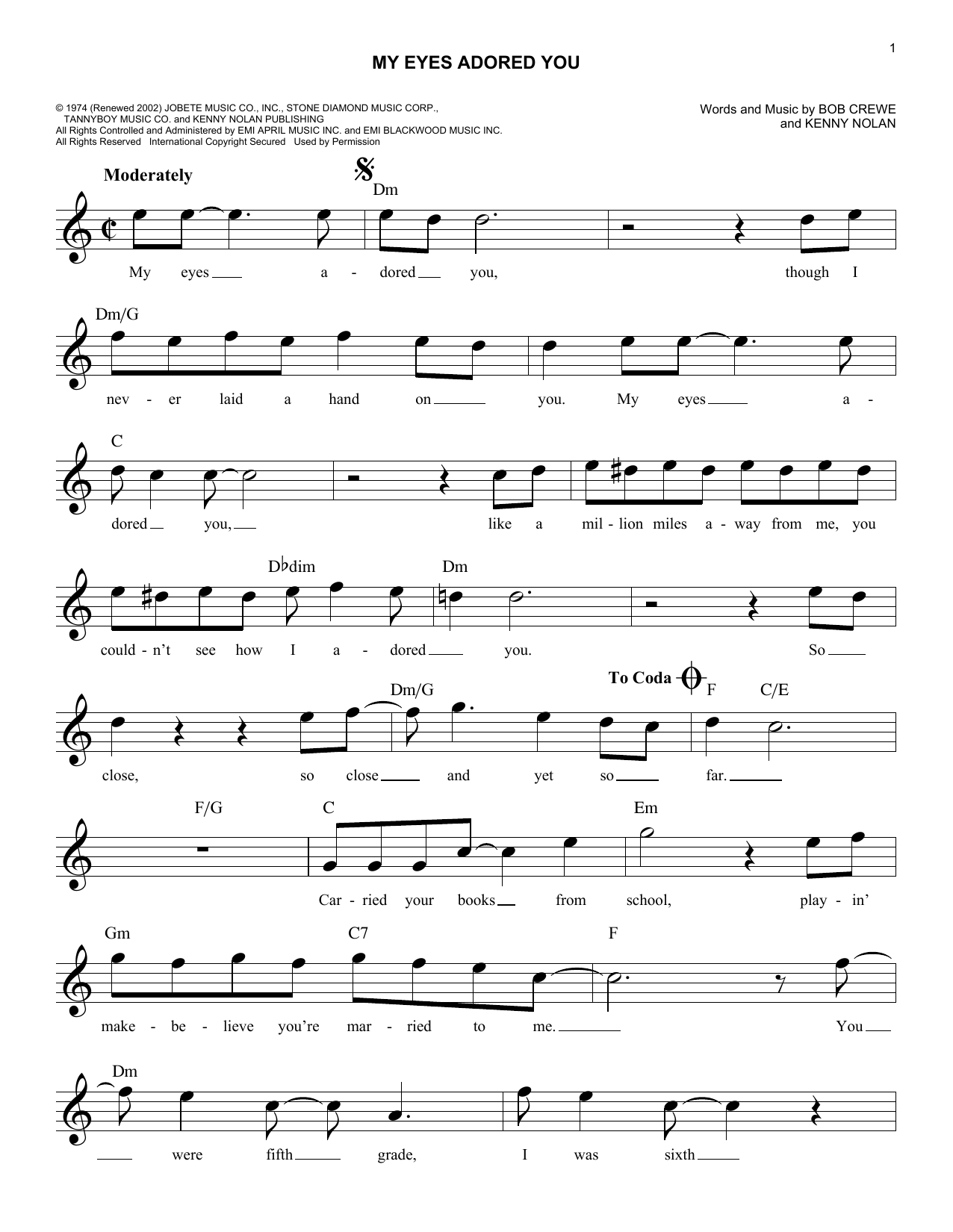 Frankie Valli My Eyes Adored You Sheet Music Notes & Chords for Melody Line, Lyrics & Chords - Download or Print PDF