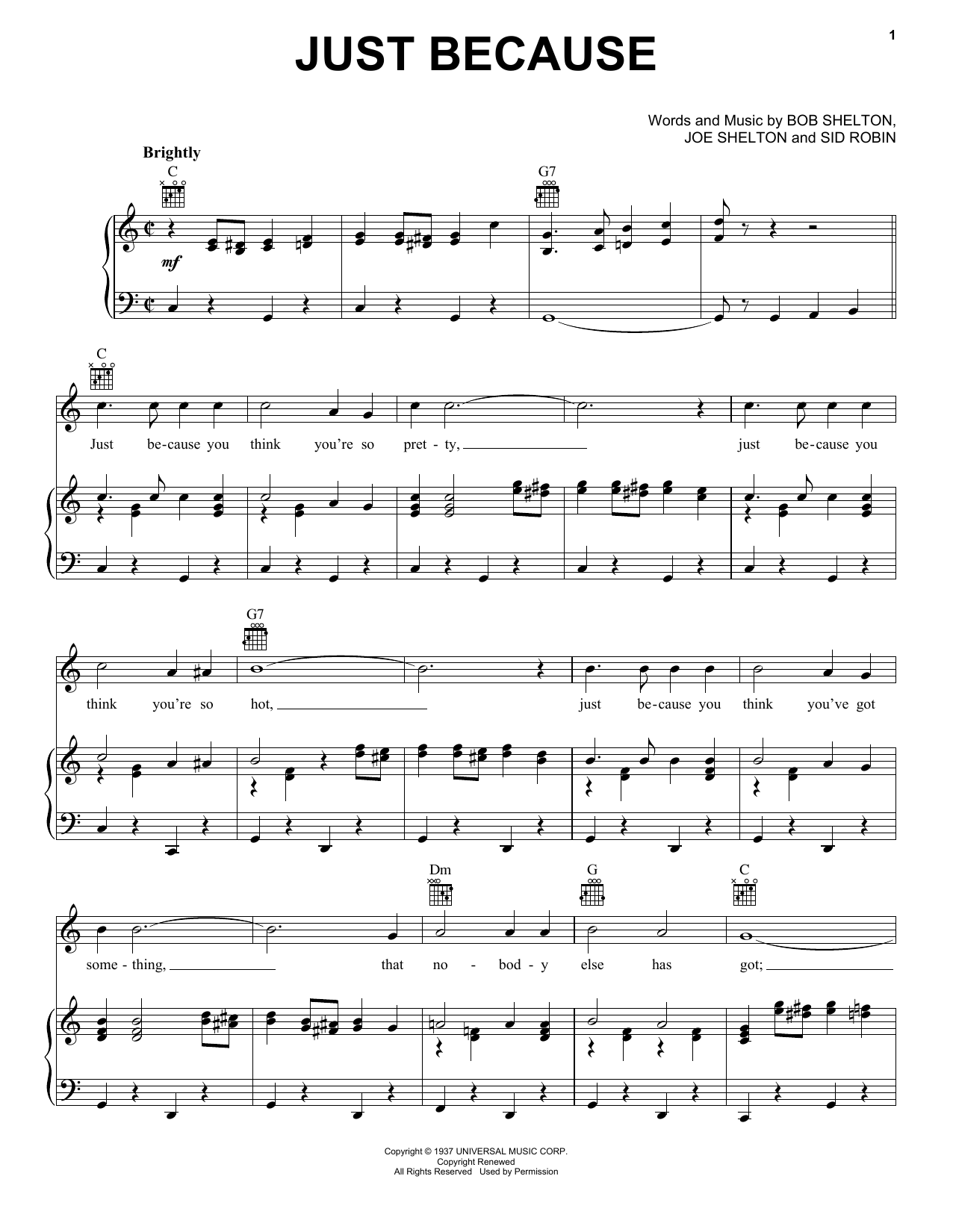 Frankie Yankovic Just Because Sheet Music Notes & Chords for Piano, Vocal & Guitar (Right-Hand Melody) - Download or Print PDF