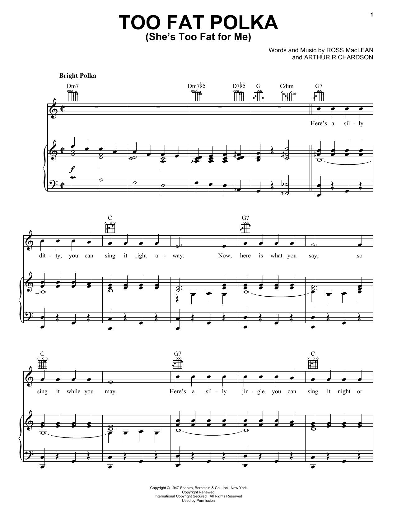 Ross MacLean Too Fat Polka (She's Too Fat For Me) Sheet Music Notes & Chords for Accordion - Download or Print PDF
