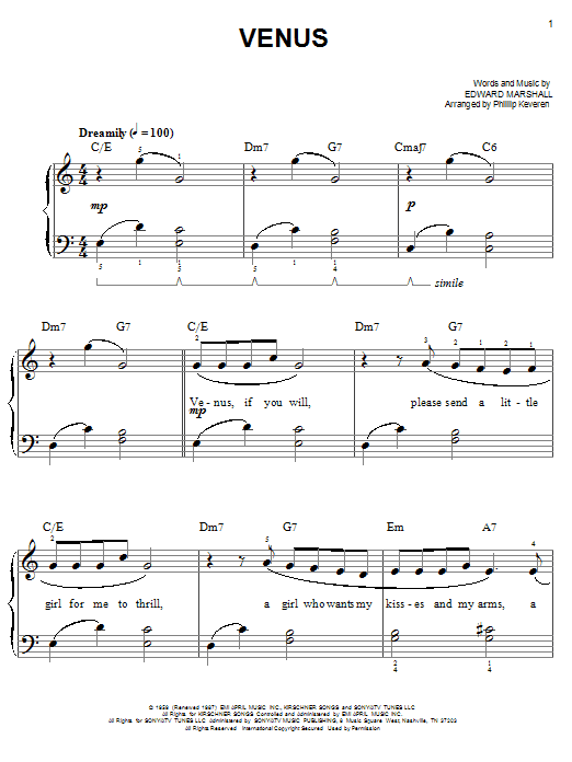 Preview Frankie Avalon Venus (arr. Phillip Keveren) Classics sheet music, notes and chords for Easy Piano, SKU: 63700 Venus (arr. Phillip Keveren) sheet music