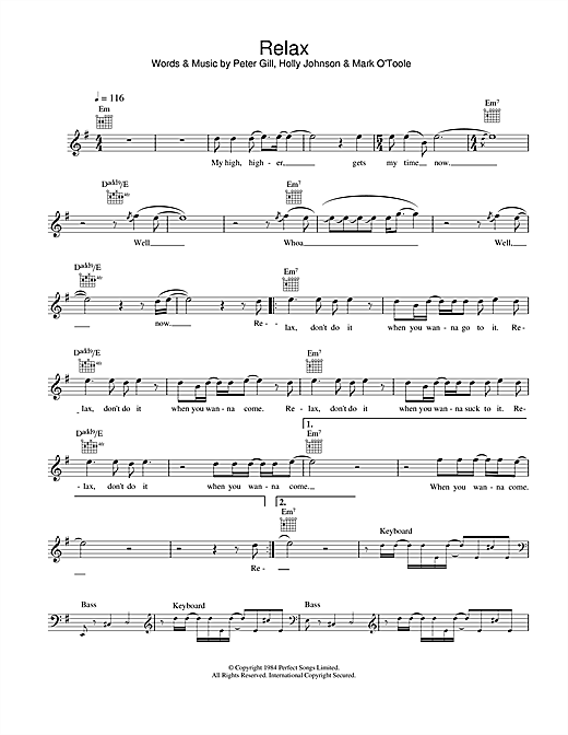 Preview Frankie Goes To Hollywood Relax Pop sheet music, notes and chords for Piano, Vocal & Guitar, SKU: 23202 sheet music, piano notes, chords, guitar tabs, score, transpose, transcribe, how to play, guide, download, learn, tutorial, progression, song, artist, awards, billboard, mtv, vh1, tour, single, album, release