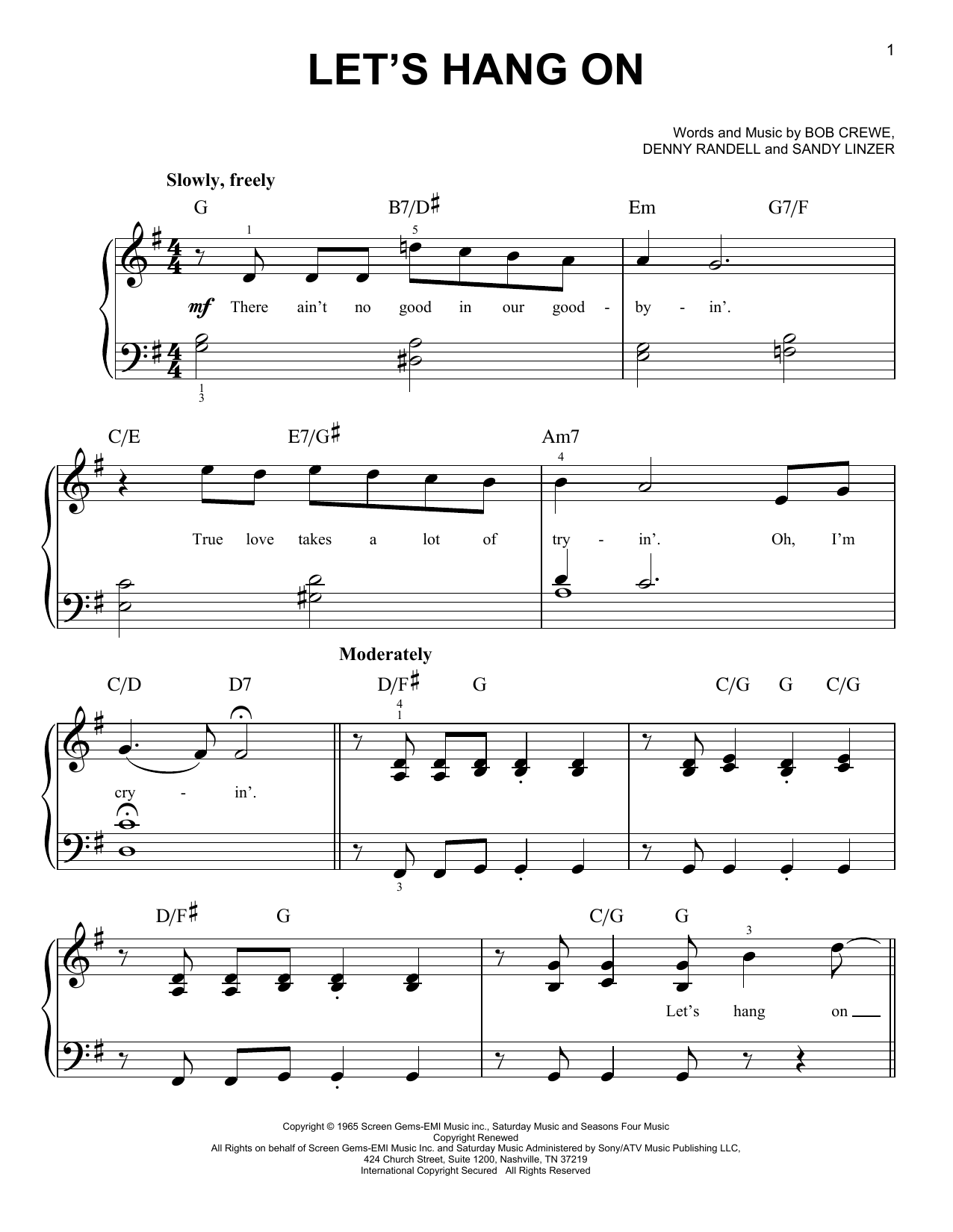 Preview Frankie Valli & The Four Seasons Let's Hang On Musicals sheet music, notes and chords for Easy Piano, SKU: 19611 sheet music, piano notes, chords, guitar tabs, score, transpose, transcribe, how to play, guide, download, learn, tutorial, progression, song, artist, awards, billboard, mtv, vh1, tour, single, album, release