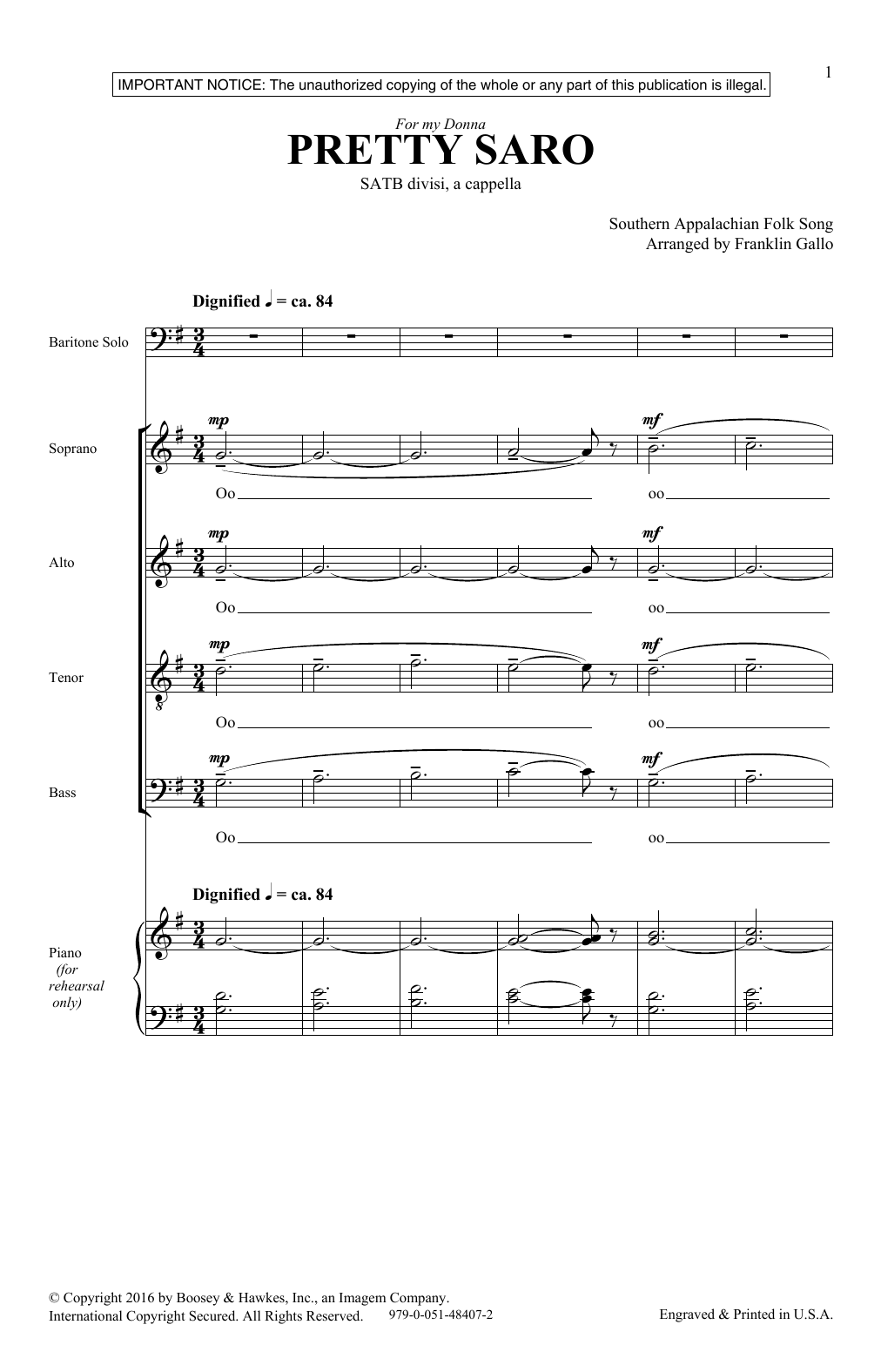 Franklin Gallo Pretty Saro Sheet Music Notes & Chords for SATB - Download or Print PDF