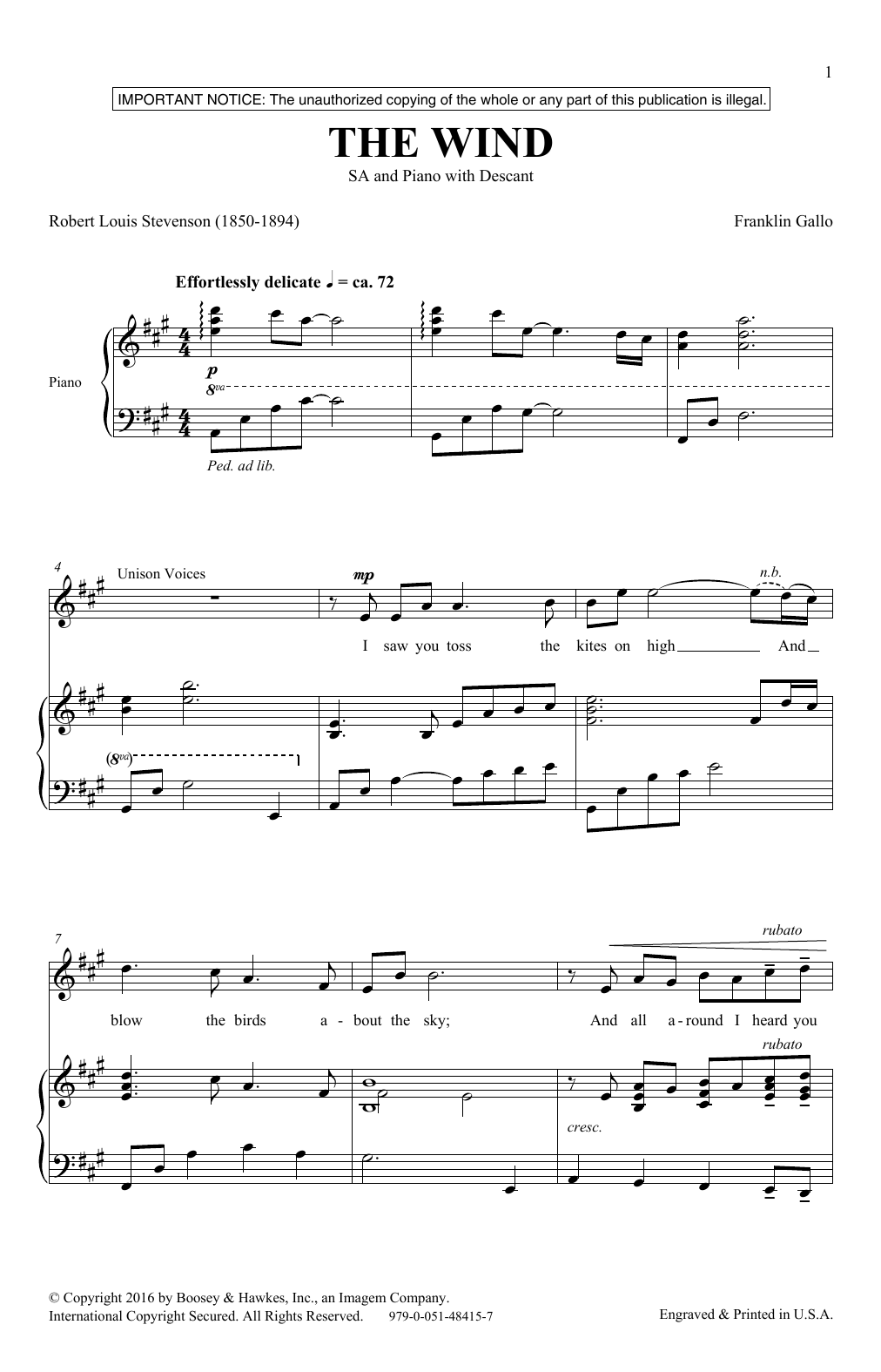 Franklin Gallo The Wind Sheet Music Notes & Chords for SSA - Download or Print PDF