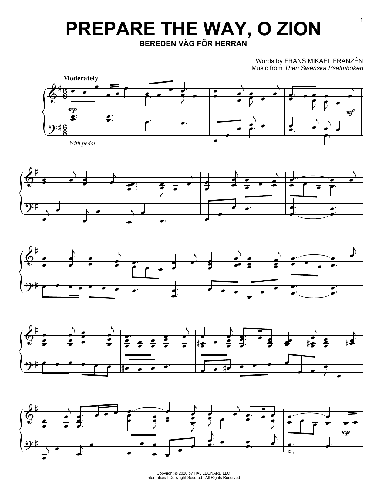 Frans Mikael Frazen Prepare The Way, O Zion Sheet Music Notes & Chords for Piano Solo - Download or Print PDF