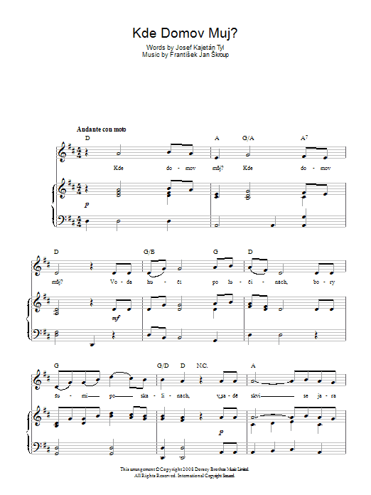 Frantisek Jan Skroup Kde Domov Muj? (Czech Republic National Anthem) Sheet Music Notes & Chords for Piano, Vocal & Guitar (Right-Hand Melody) - Download or Print PDF